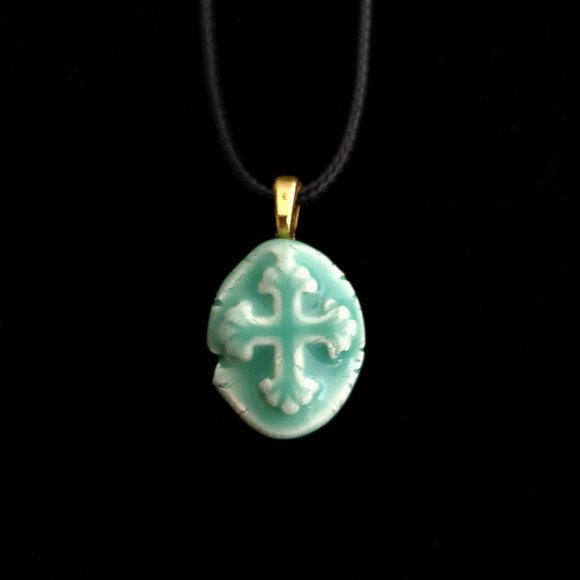 Handmade Ceramic Aqua Green Fleur De Lis Cross Pendant Necklace - Picture 8 of 14